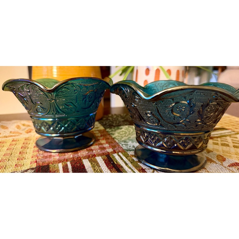 Fenton Teal Carnival Glass Ruffled Bowl Set, Aqua Iridescent Lace Footed